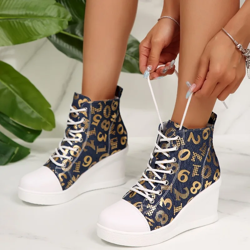 

2025 New Women's Canvas Sneakers Spring Autumn Lace-Up Wedges Shoe Woman High Top Platform Casual Shoes Femme Женская обувь