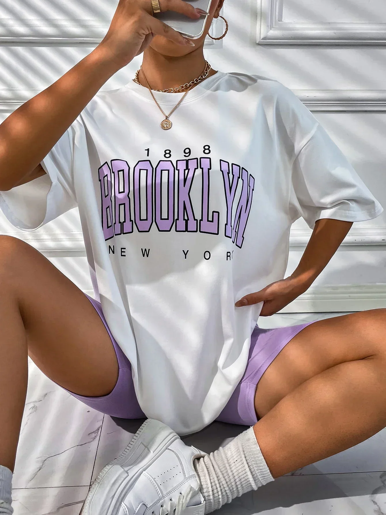 

Camisetas Vintage de Brooklyn New York para mujer ropa informal de manga corta americana de gran tamañoTops de calle para