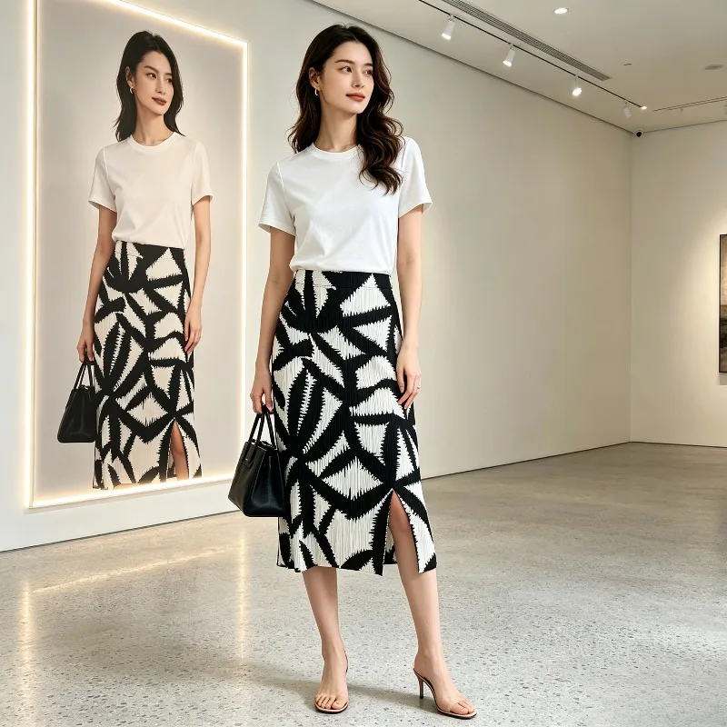 Miyake Pleated Black and White High-End Printed Pleated Skirt High Waist Slit Slimming Commuter Style Versatile Mid-Length Skirt