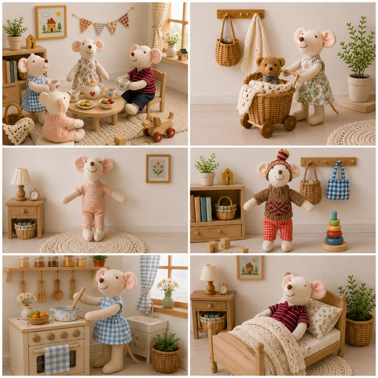 Handgefertigte Maus-Plüschpuppen-Set mit Verschiedenen Outfits Retro Stofftiere Wohndekoration Sammlerstück Kindergeschenk