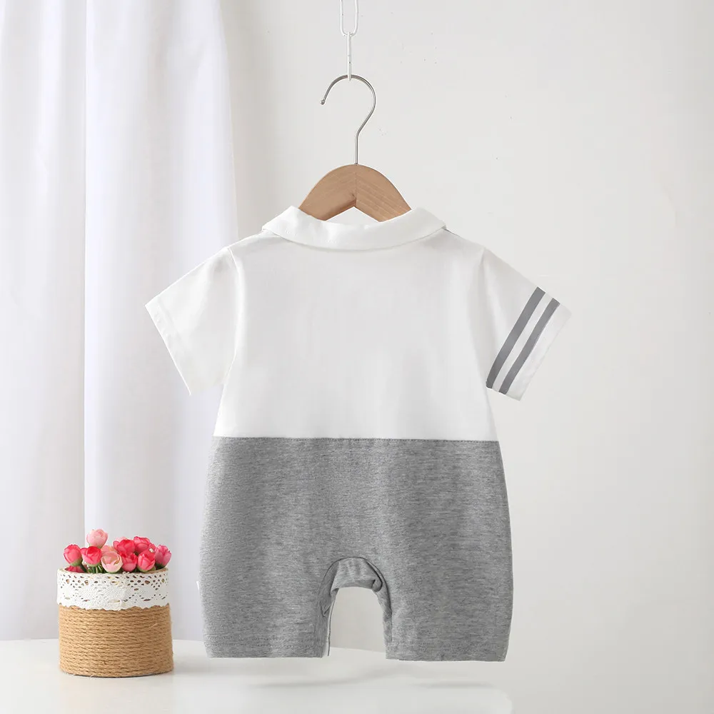 Infant and Toddler Summer Thin Short-Sleeved Pure Cotton College-Style Lapel Jumpsuit for Boys and Girls, Newborn Sweat-Absorbent Romper