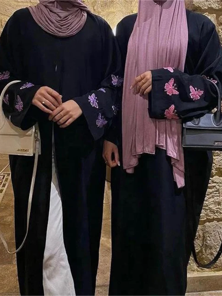 Eid Muslim Abayas for Women Butterfly Embroidery Zipper Up Cardigan Party Abaya Caftan Ramadan Dubai Arab Long Robe 2024 Dress