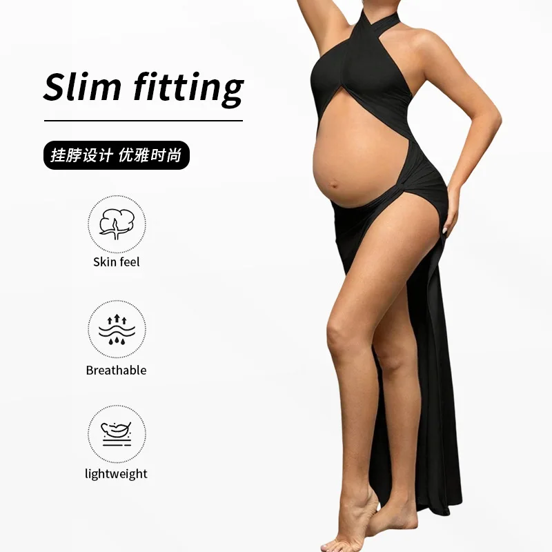 Maternity Photo Skirt European and American Slim-fit Mopping Cross-neck Split-ended Sexy Exposed Navel Solid Color Thin Dress