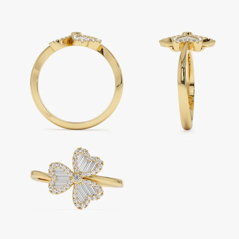 Women's 18K Gold Lucky Clover Ring, Stackable Band