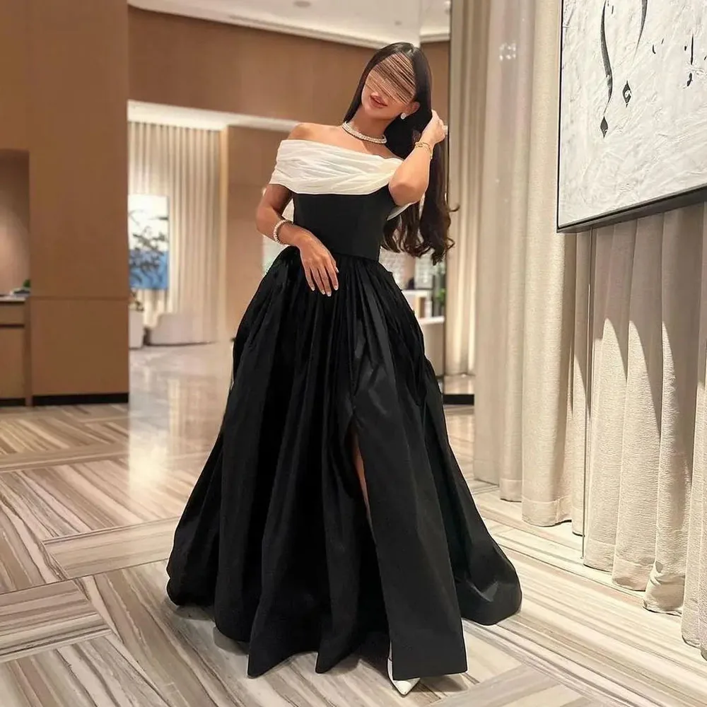 MOBEYE 2024 Vintage Black Prom Dress Off Shoulder Pleated Robe Evening Floor Length Formal Party Dress