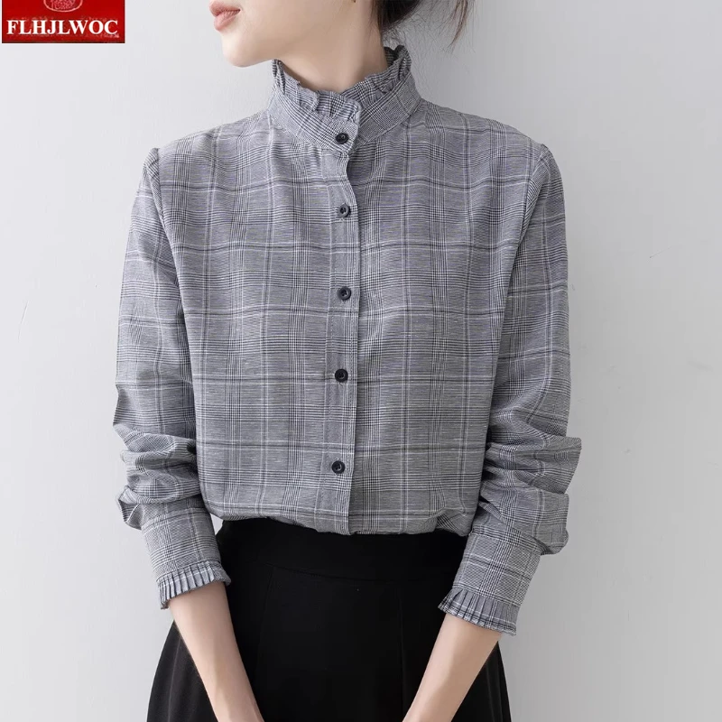Volants col montant rétro Vintage hauts Blouses femme automne printemps Chic filles mignonnes à manches longues élégant bases gris chemises à carreaux