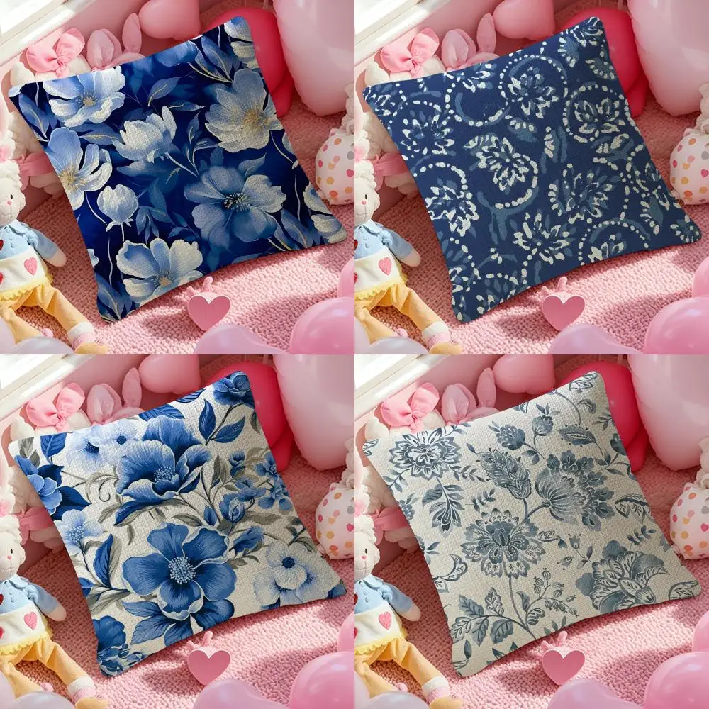 Elegant Blue Floral Pattern Pillow Case Pattern Printed Pillowcase for Living Room Sofa Cushion Cover & Bedroom Decor