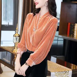 Korean Solid Color Pleuche Blouse Commute Women's Clothing Long Sleeve 2023 Autumn Winter Elegant V-Neck Chic Button Loose Shirt