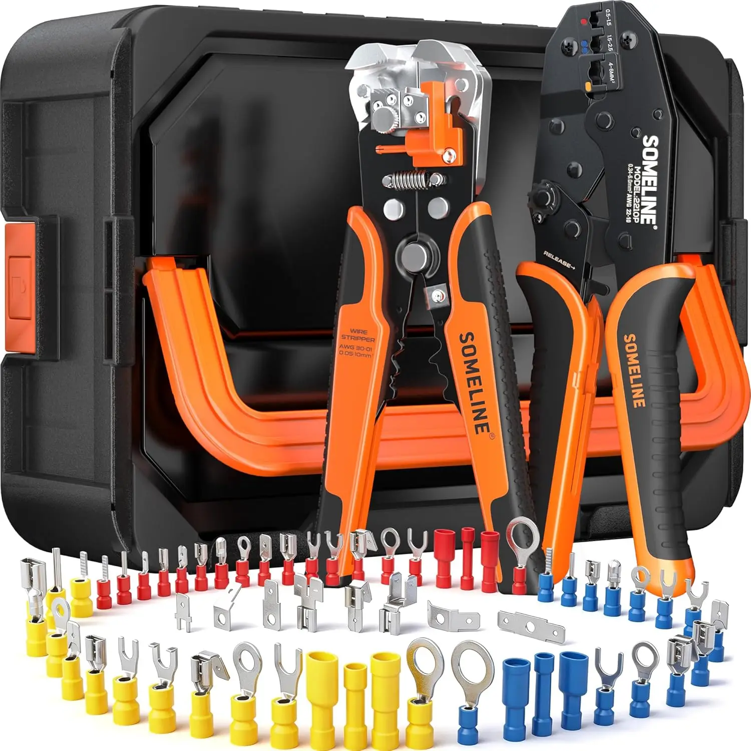 

Wire Terminal Crimping Tool Kit, 59 Sizes Insulated Terminals, 22-10 AWG Ratchet Pliers, Automatic Stripper, 384 pcs Electrical