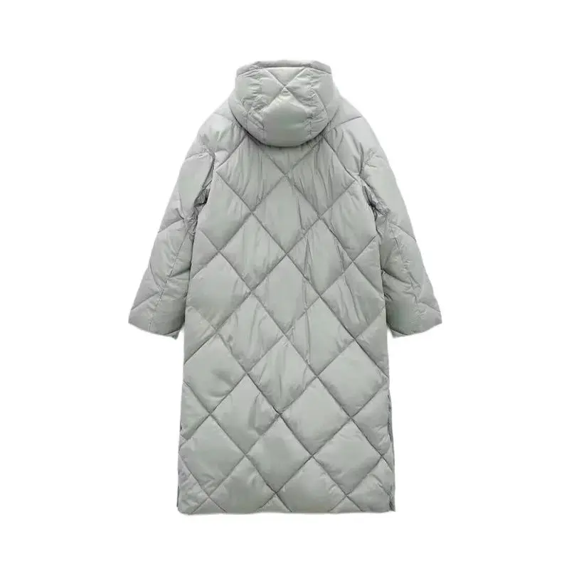 RZRA Women\'s 2024 New Two-Color Fashionable and Versatile Diamond Check Quilted Hooded Long Cotton Coat Coat Comfortable