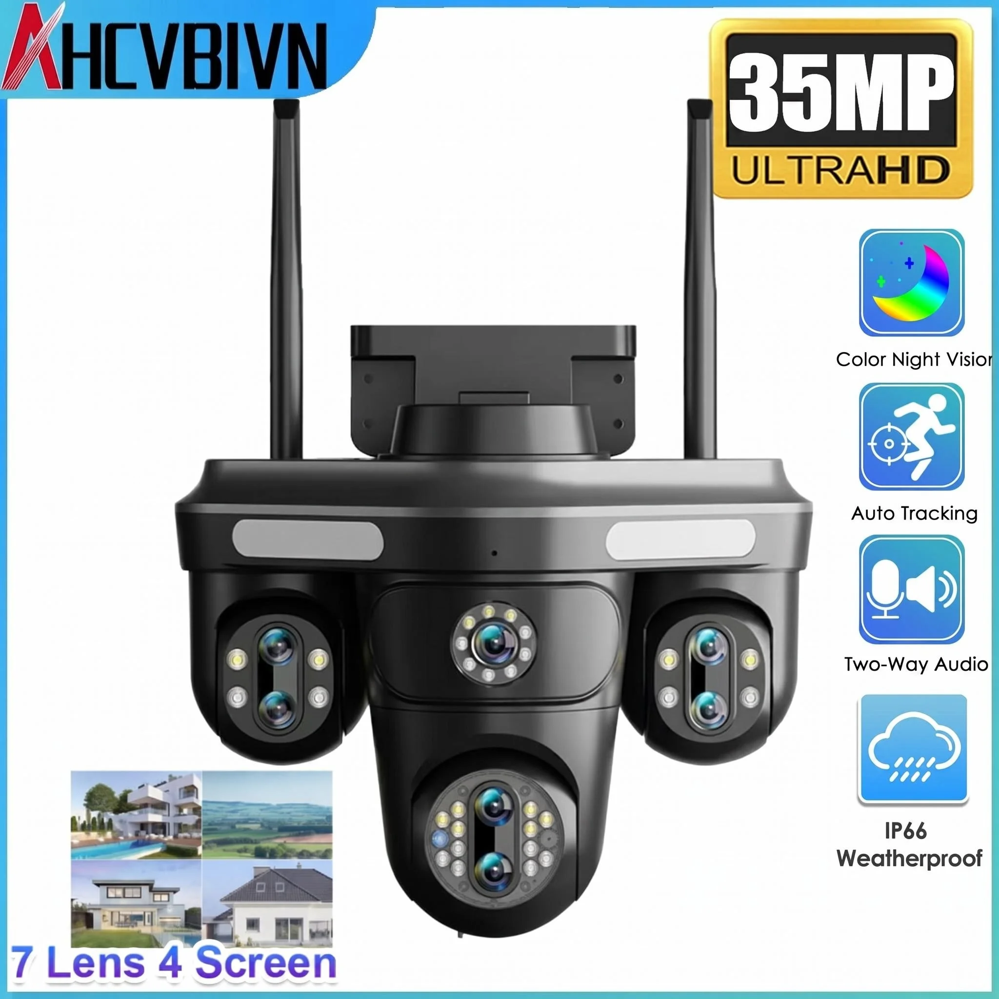 35MP WiFi IP Camera 4 Screens 7 Lens Outdoor Wireless PTZ Security Cam Auto Tracking CCTV Surveillance Camera
