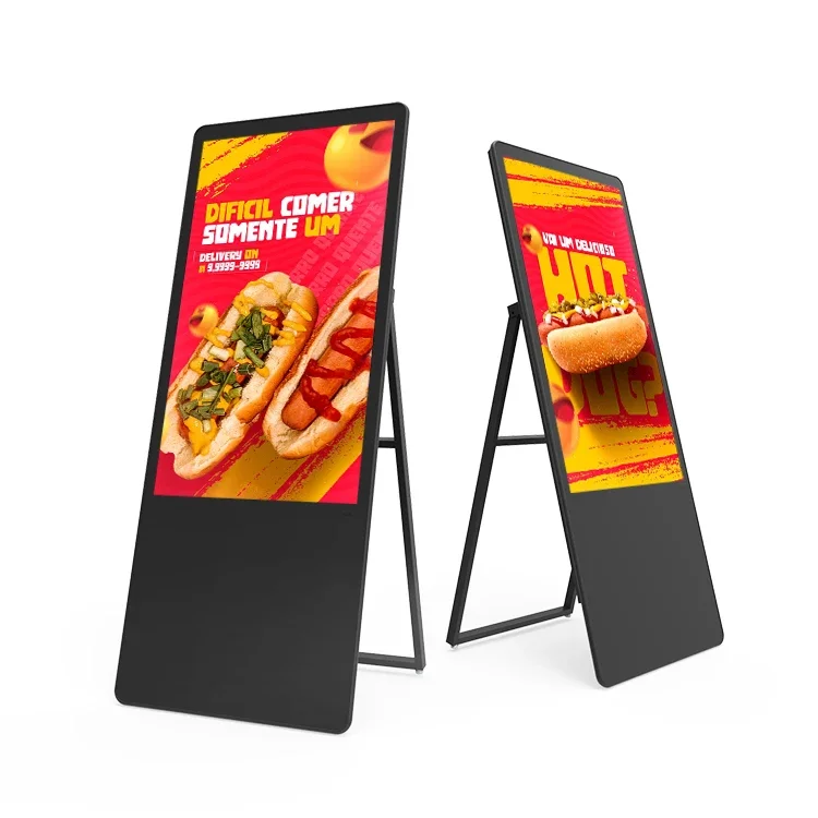 HUSHIDA Foldable Slim Lcd Signage 43 inch Portable Mobile Digital Signage Wheels White Advertising Digital Signage