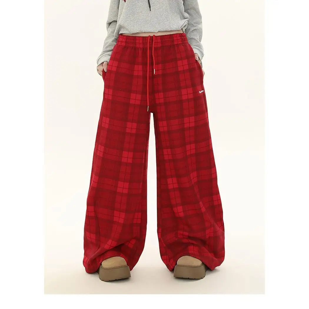 

Женские винтажные красные клетчатые брюки-багги в американском ретро-стиле, уличные спортивные штаны 2000-х годов с вышивкой, повседневные широкие брюки