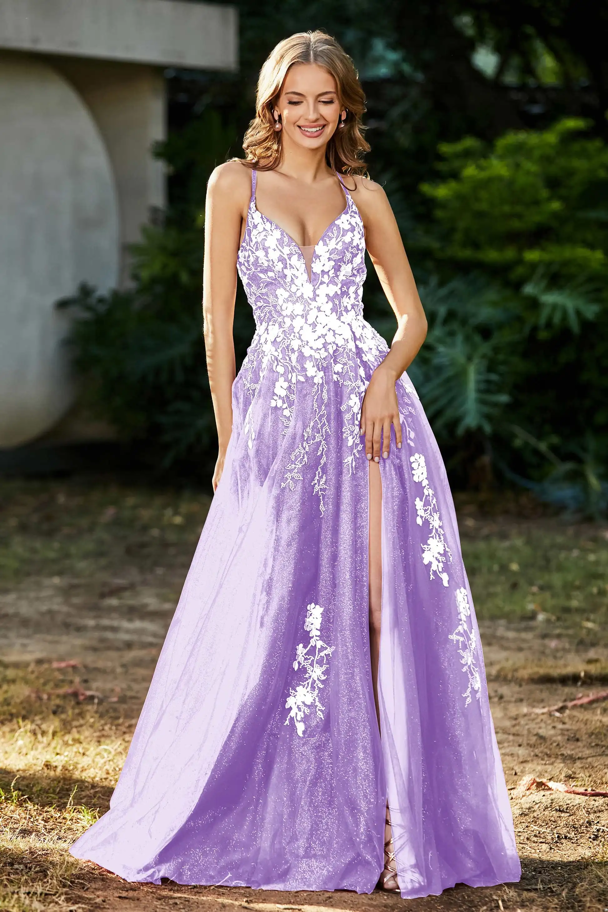 

Glitter Spaghetti Straps Prom Dresses Tulle V-neck A-line Appliques Evening Gowns Elegant High Split Backless Customized