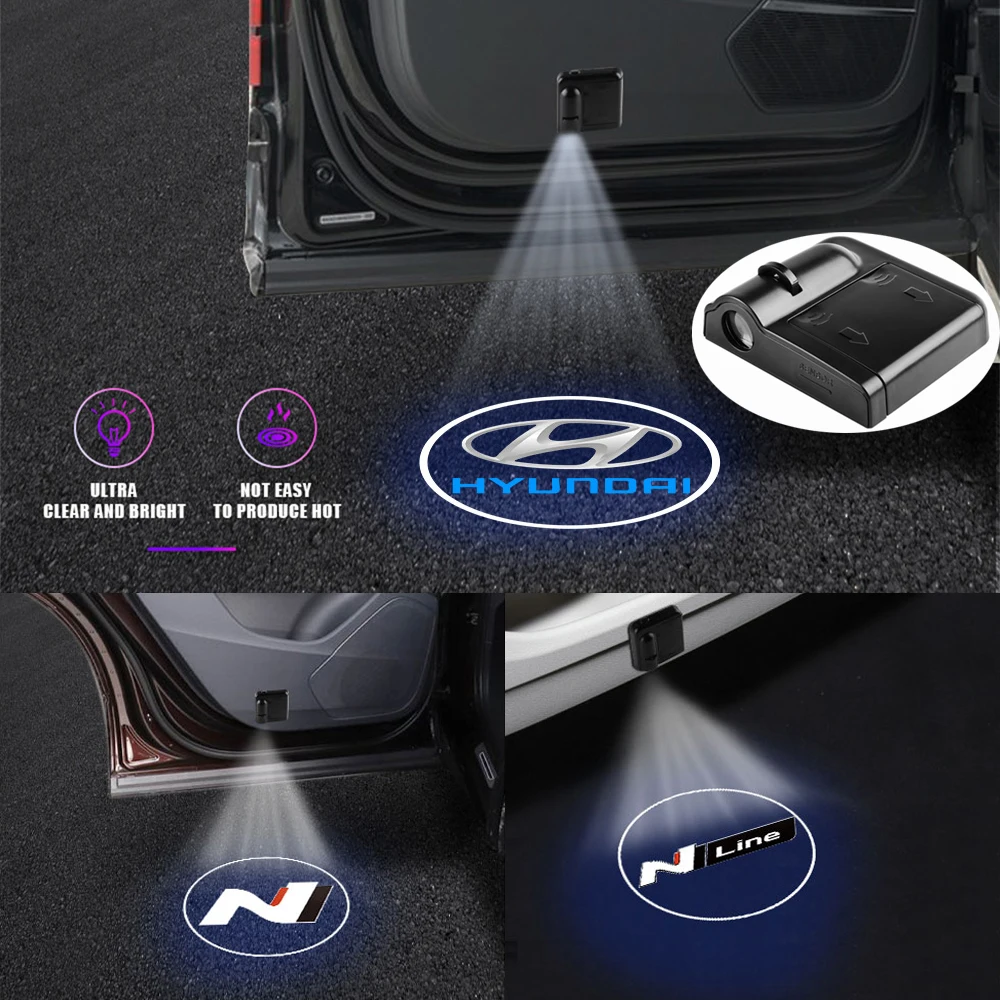 1/2PCS Car Door Decoration LED Wireless Projector Lamp HD Welcome Lights For Hyundai Veloster Genesis Azera GDI i10 N NLINE Kona