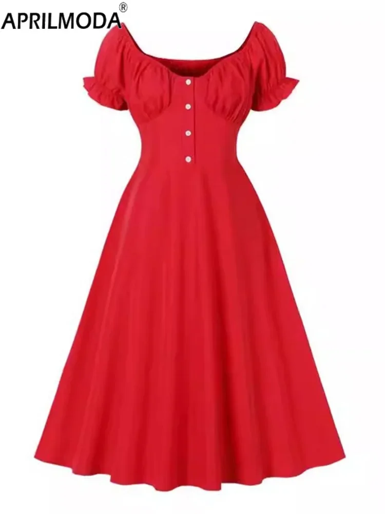 

Puff Short Sleeve Button A Line Flare Swing Tunic Midi Dresses 50s 60s French Style Oversized Red Vintage Casual Summer Dress