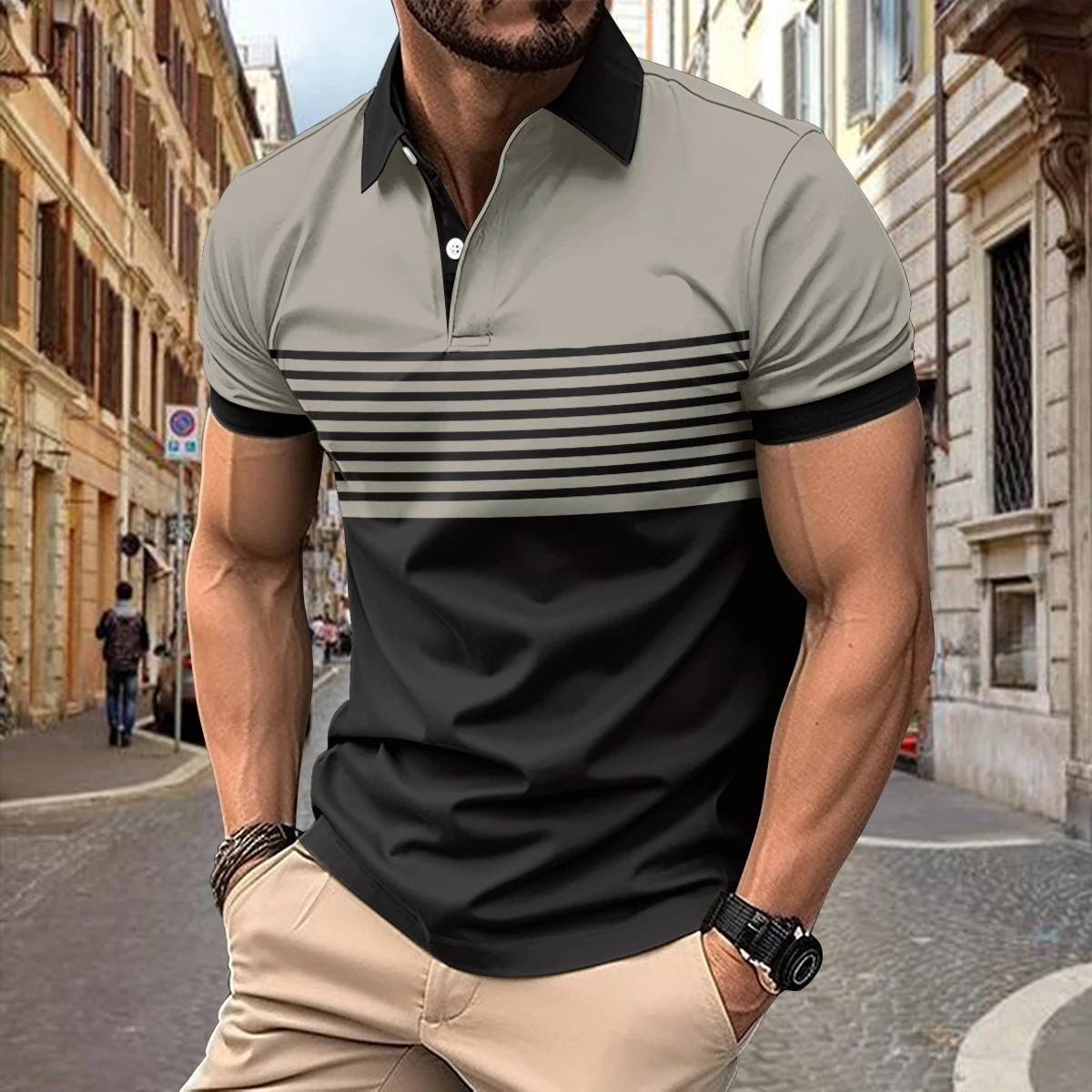 

Man‘s Polo Shirt Polyester Casual Beach Polo Shirts Summer Contrast Striped Printing Shirts Mens Polo Shirts Mens Best For Man