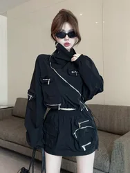 Spring Autumn New Goth Harajuku Style Hot Girl Stand Collar Short Coat Color Matching Top Mini Skirt Sets