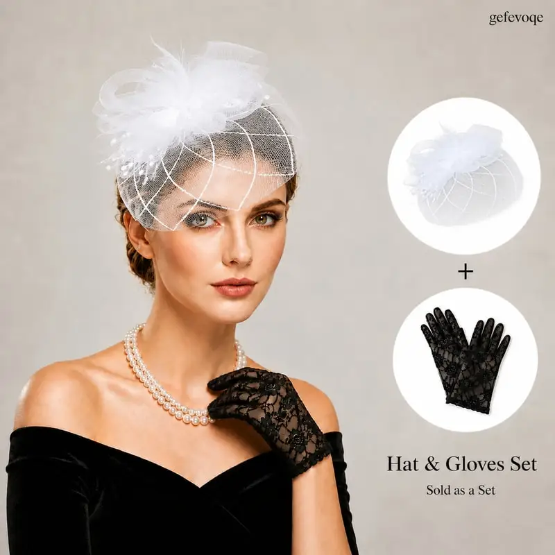 2PCS Womens Floral Fascinator Hat with Lace Gloves Set Elegant Feather Net Headpiece for Tea Party Wedding Church Cocktail Party