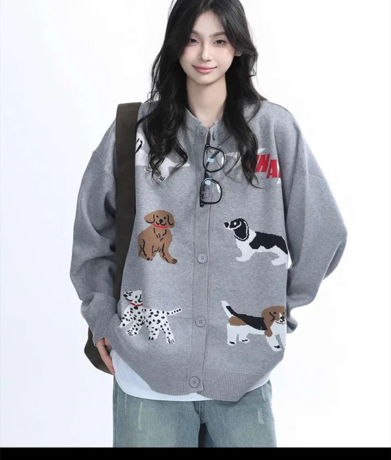 Y2k American Vintage Cartoon Cute Puppy College Style Knitted Cardigan Jacket Casual Loose Sweaters for Women Gothic Clothes