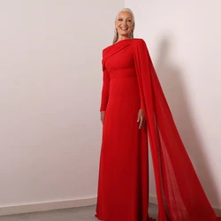 Elegant Red Mother of the Bride Dresses Jewel Neck Long Sleeves Wedding Party Gowns Pleat Floor Length A-Line فساتين السهرة