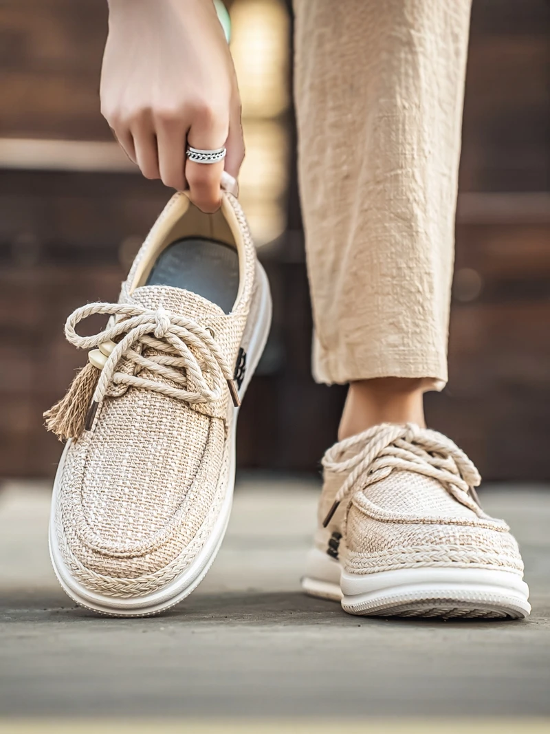 

Men's Summer Breathable Grass Woven Fishing Boat Canvas Shoes Casual Trendy Linen Board Shoes Low Top round Toe Thick Bottom