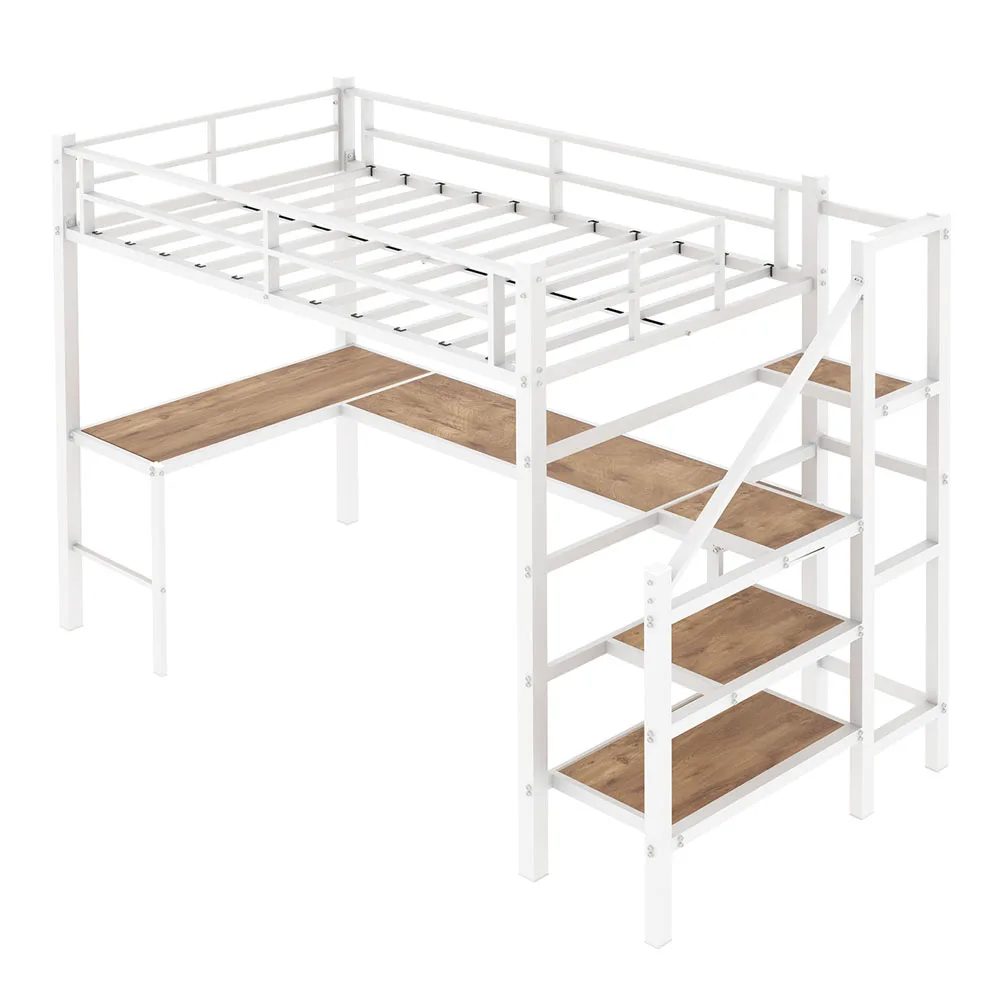 90x190cm Hohes Hochbettgestell mit L-förmigem Schreibtisch, platzsparendes Einzel-Hochbett mit Treppe, durchgehenden Sicherheitsgeländern, geräumigen Ablageflächen und Staufächern, stabiles Hochbett für Schlafzimmer, Teenager- und Erwachsenen-Schlafzimmermöbel – Detail 28