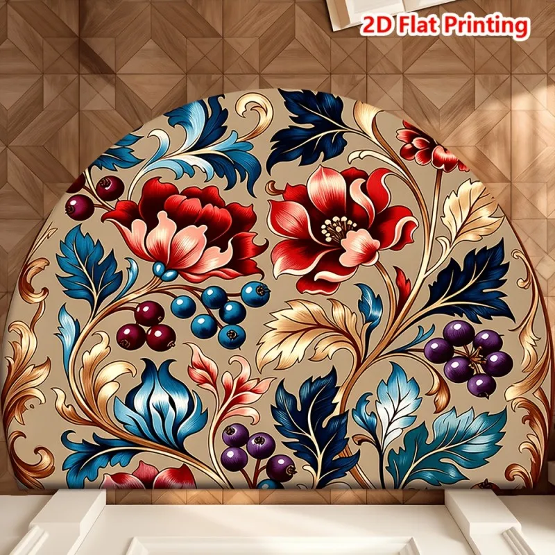 Ornate Baroque Floral Semicircle Doormat Flowers Gold Leaves and Berries Non Slip Floor Mat for Luxurious Traditional Home