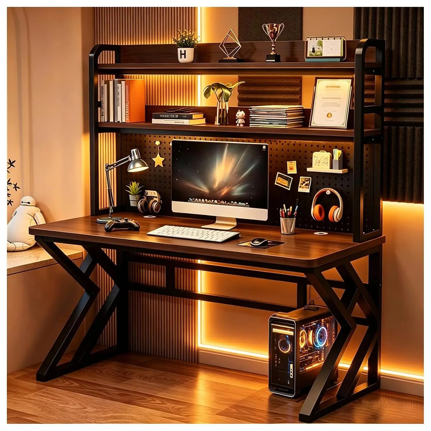 31.4in Gaming Desk with Bookshelf, Pegboard & Storage Shelves, Customized