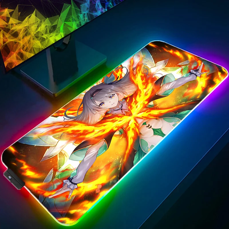 

Коврик для игровой мыши RGB со светодиодной подсветкой, настольный коврик, коврик для компьютерной мыши H-honkai Star Rail, светлячок, подсветка, коврик для клавиатуры, настольный ковер Mause