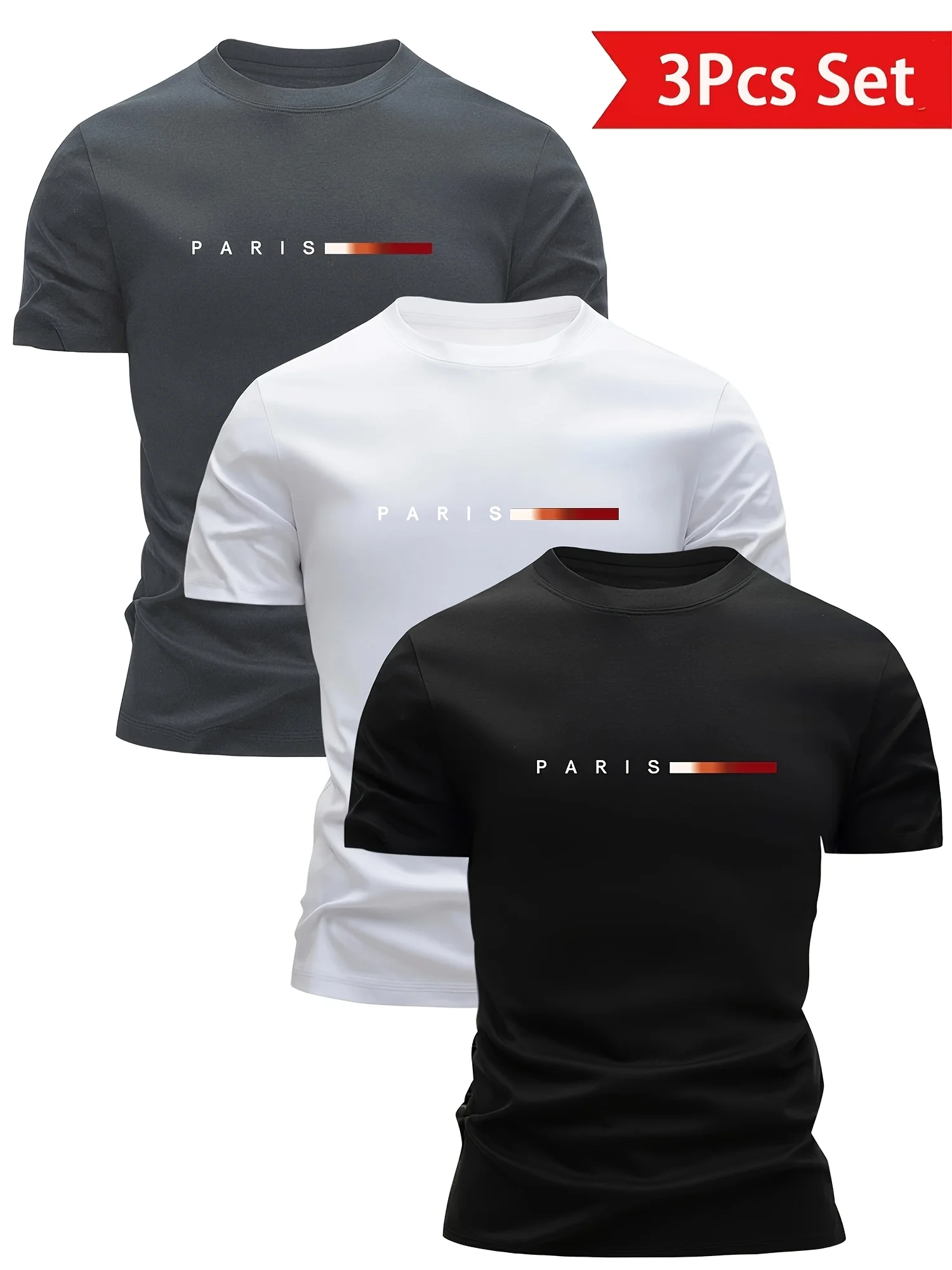 

3 pieces ofmen's pure cotton round-neck T-shirts - quick-drying,breathable,sweat-absorbent, with Parisian print pattern T-shirts