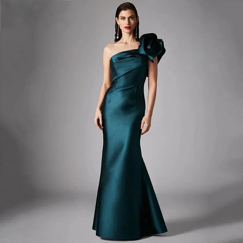 

Elegant Hunter Green Evening Formal Dress One Shoulder 3D Flowers Satin Long Prom Pageant Birthday Gowns Robe De Soiree