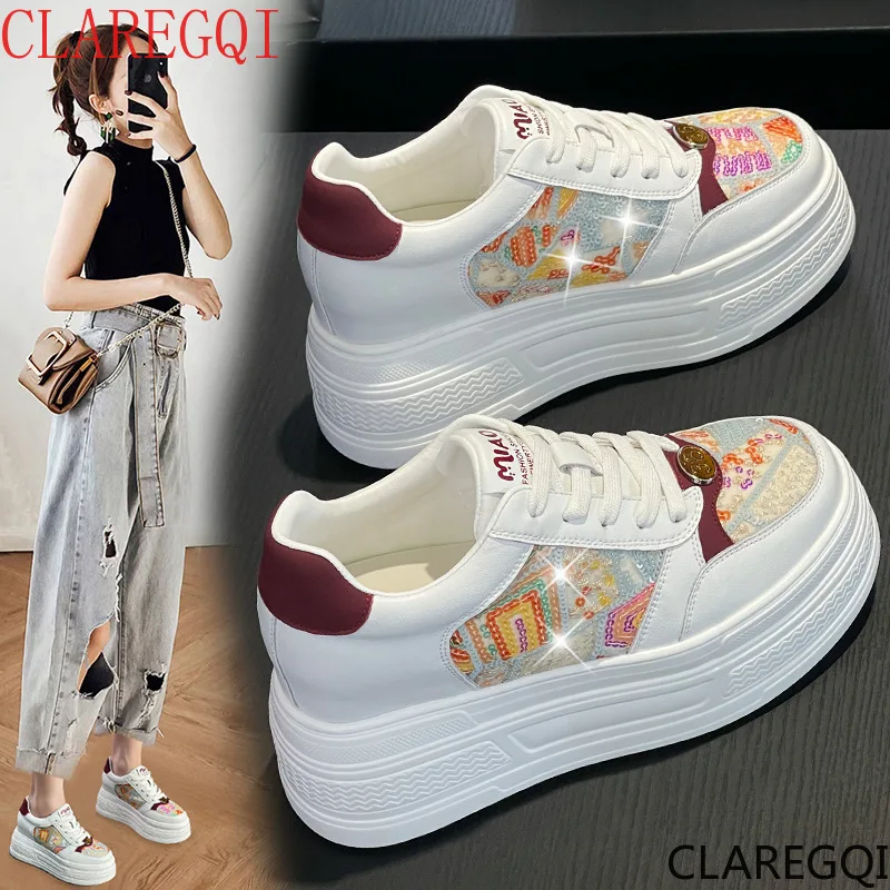 Height increasing white shoes spring new 9cm sponge sole breathable board shoes Korean version genuine leather meshwomen's shoes
