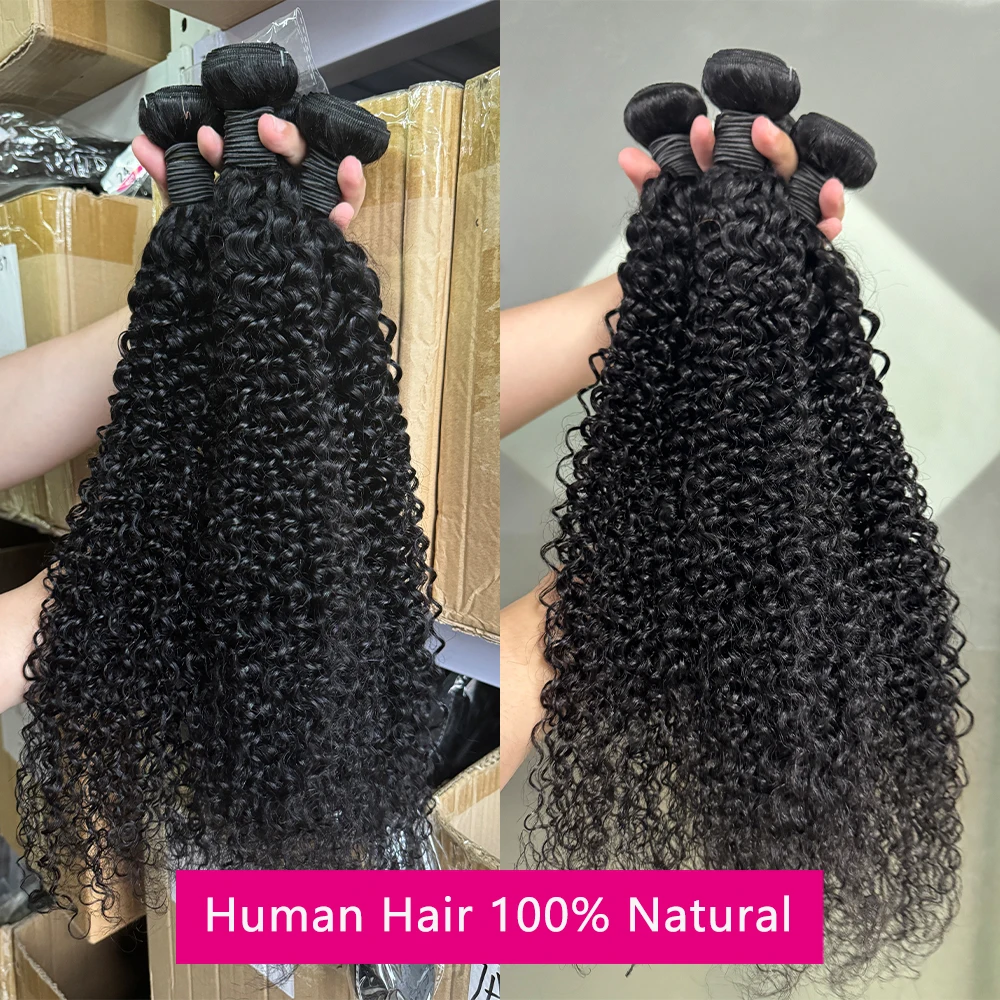32 Inch Kinky Curly Bundles And Closure Human Hair 4X4 Transparent Lace 1/3/4 Burmese Curly Hair Bundles Deep Curly Hair Bundles