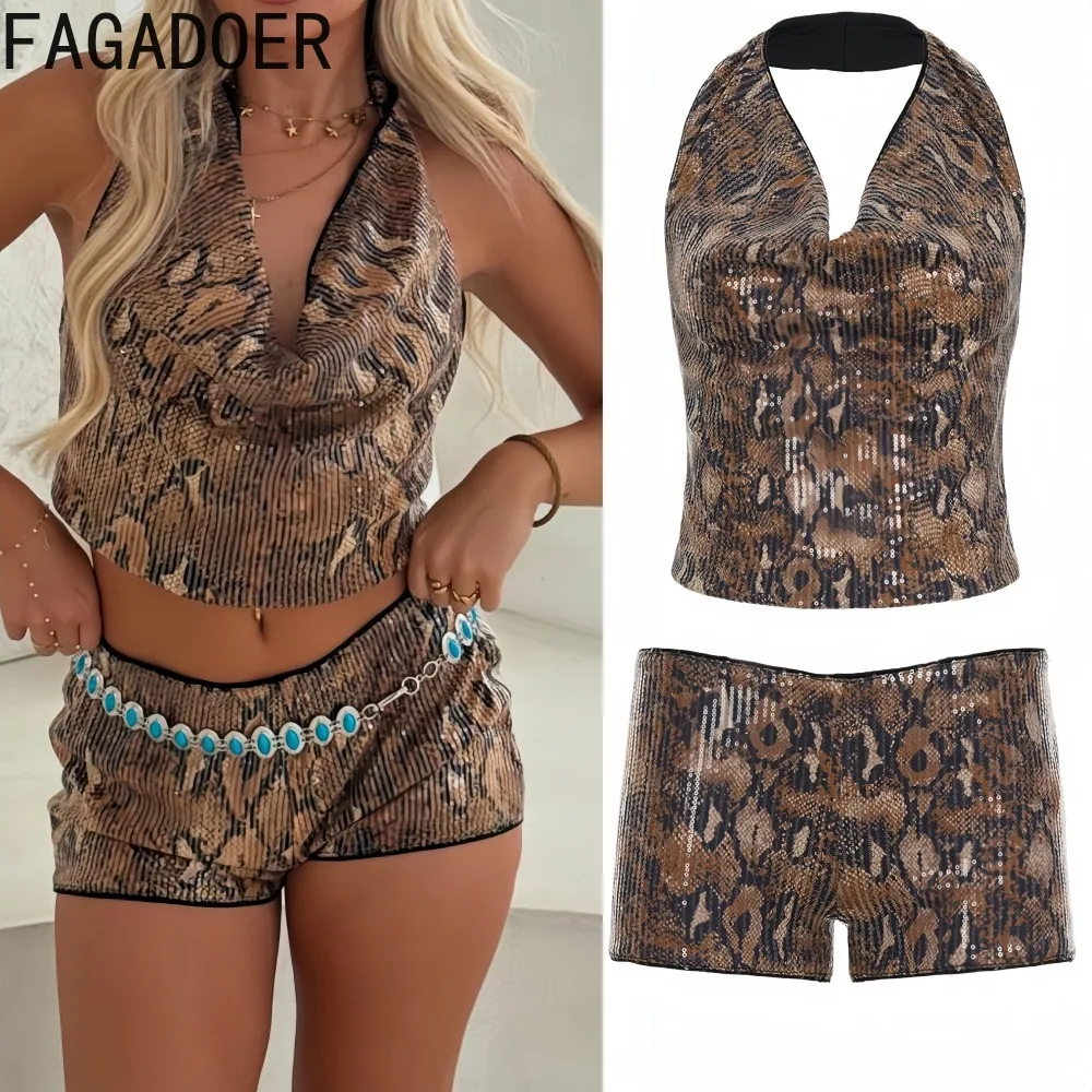 

FAGADOER Fashion Leopard Print Sequin Patchwork Two Piece Outfits Woman Halter Backless Crop Top and Shorts Female Streetwear