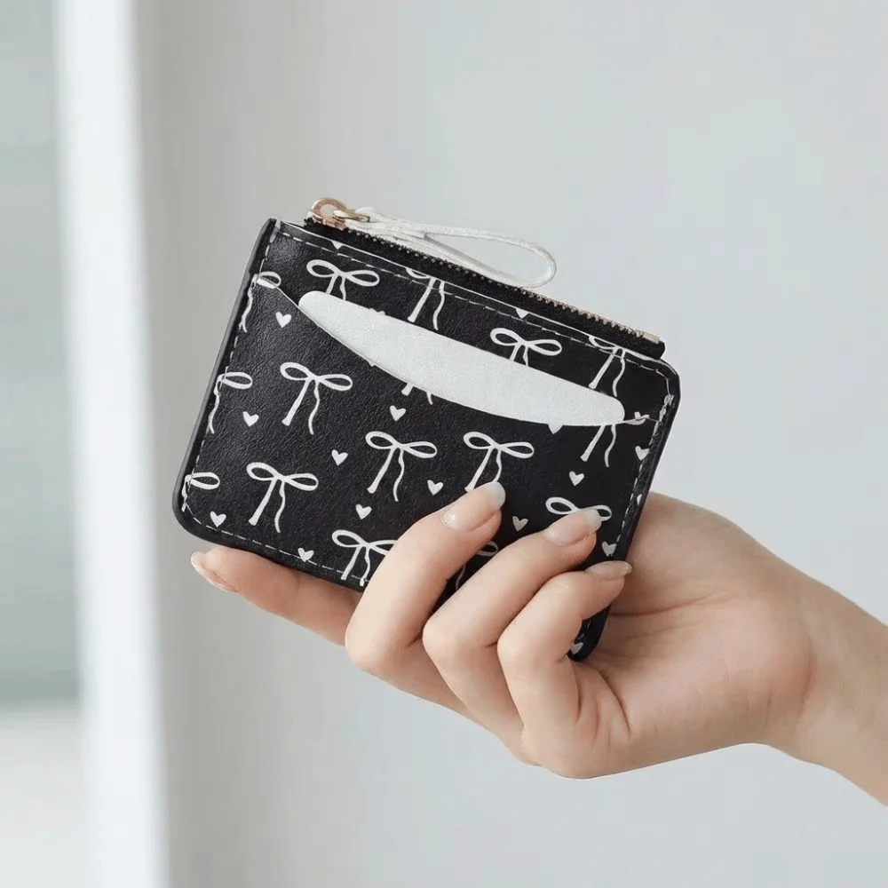 Portable PU Leather Bow Wallet Zipper Storage Short Card Bag Multi-functional Multi-card Slot Card Holder Travel
