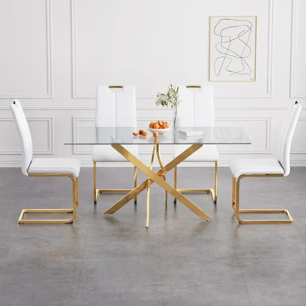 

Dining Table, Kitchen Dining Set, Modern Rectangular Tempered Glass Table Top and PU Leather Chairs, 4 Piece Dinings Tables Set