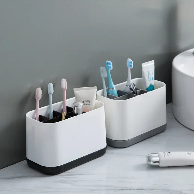 

Creative Desktop Box Bathroom Finishing Grid Box Plastic Toothbrush Rack Washstand Box Stainless tooth brush Bathroom stuff