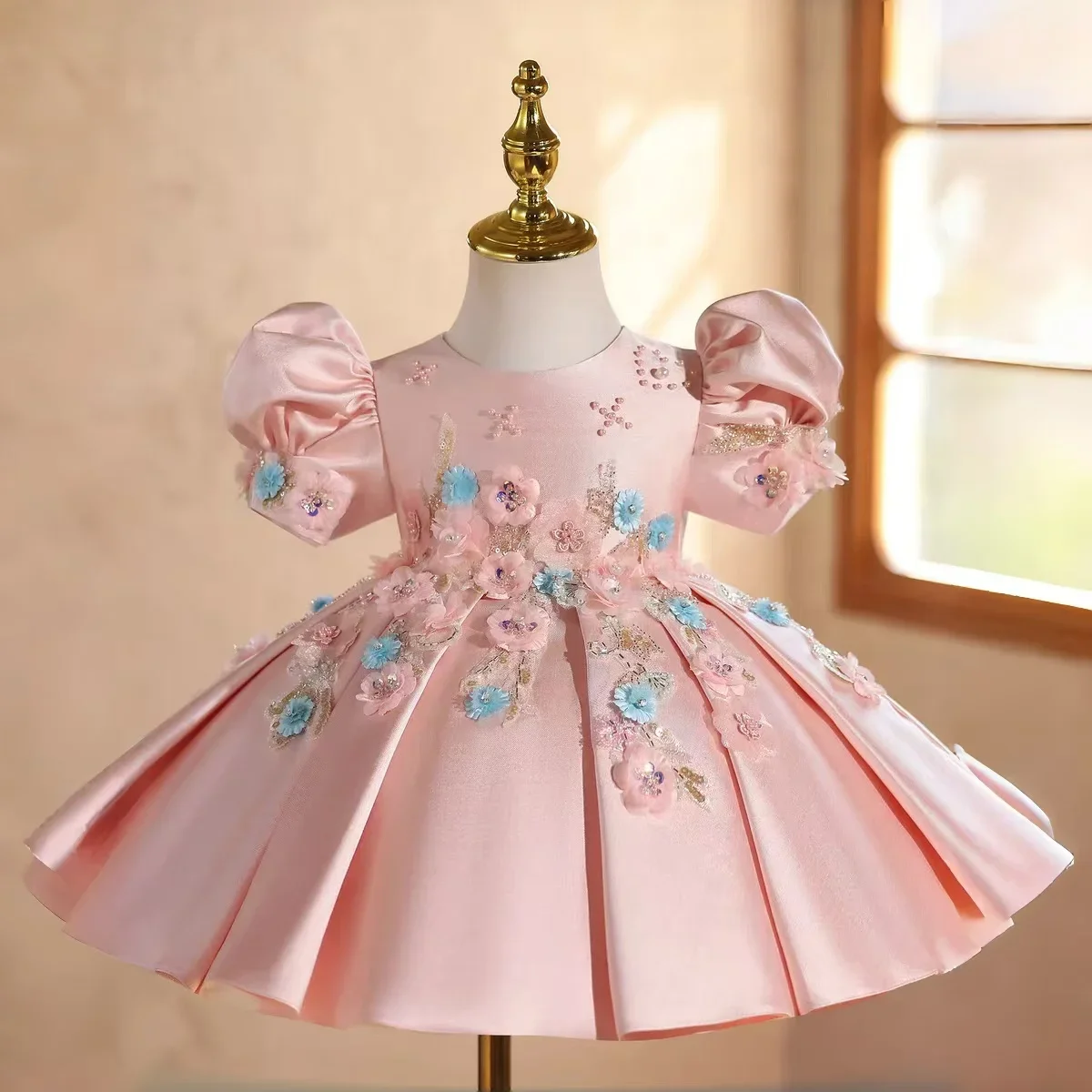 custom-flower-girl-dress-wedding-gown-birthday-party-pageant-dress-puff-sleeve-3d-floral-beaded-satin-gown-for-girls-فساتين-بنات