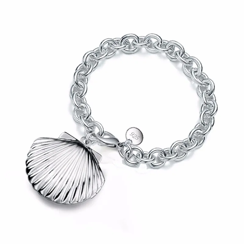 Charms Fashion Factory Price 925 Sterling Silver Chunky Chain Bracelet Shell Shape Photo Locket Bracelets Elegant Fine Jewelry