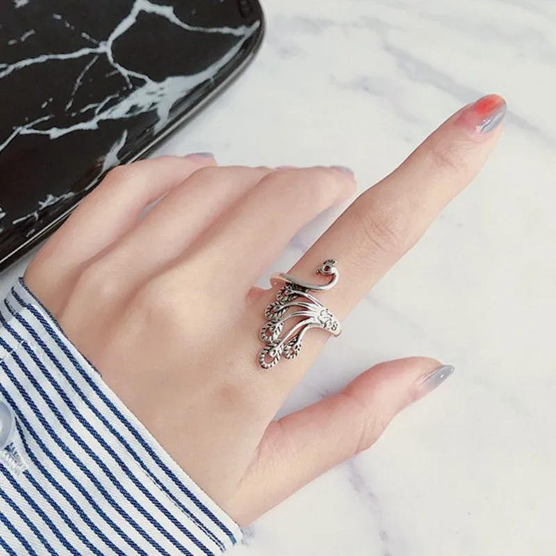 925 Sterling Silver Peacock Open Women's Ring Wedding retro Luxury Fine Jewelry Accessories Wholesale  GaaBou