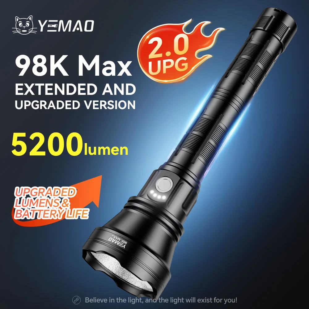 YM-98K 2.0 PROMAX 5200LM Super Bright Flashlight With 6 Lighting Modes Built-in 21140 Battery Search Lights For Outdoor Camping