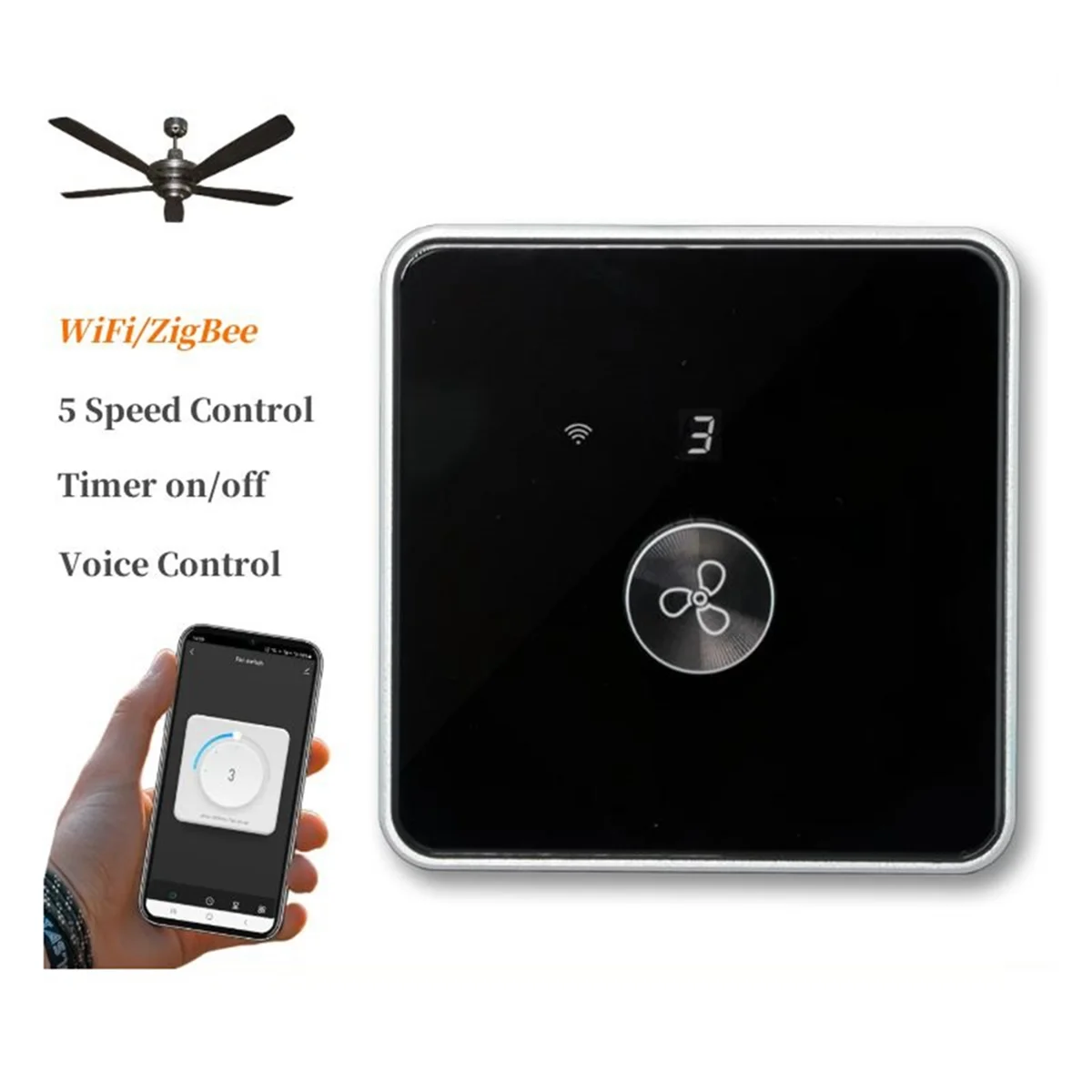 ABBO-Smart Wifi Fan Switch 5 Speed Control EU Ceiling Fan Rotary/Knob Switches Tuya Remote for Alexa Google Home(Black)