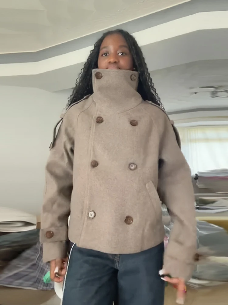 معاطف صوفية نسائية غير رسمية بياقة واقفة وأكمام طويلة وسترات بجيوب لخريف وشتاء 2025 ملابس خارجية للسيدات