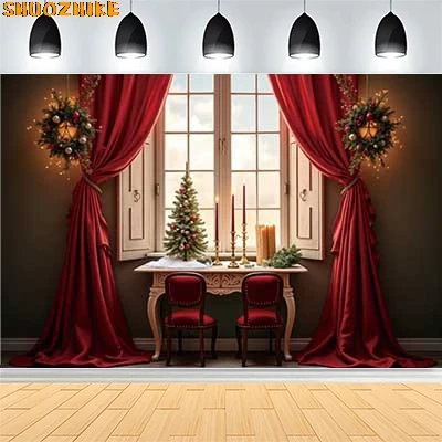 

Christmas Day Wreath Family New Year Party Photography Backdrops Prop Window Living Room Xmas Tree Gift Snow Background VN-20