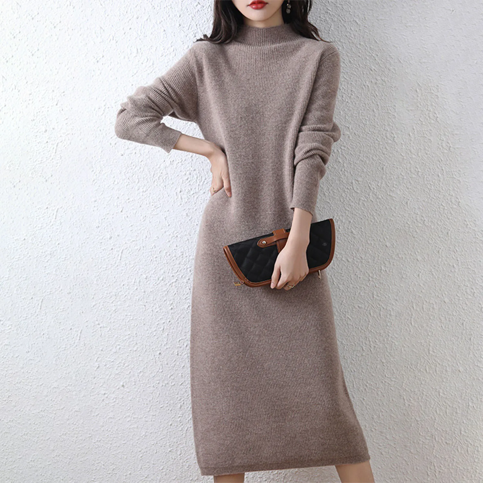 Women\'s Sweater Dress Half High Collar Wool Knitted Dress Solid Color Long Sleeve Sweater Long Dress