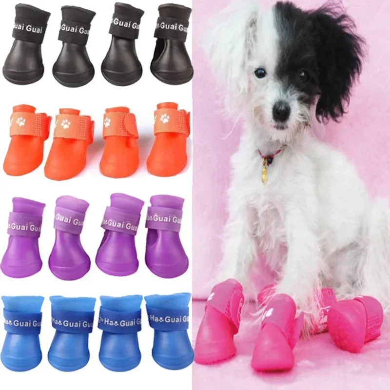 4pcs/set Pet Dog Rain Shoes Boots Booties Rubber Anti Slip Waterproof Small Pet Puppy Dog Cat S/M/L