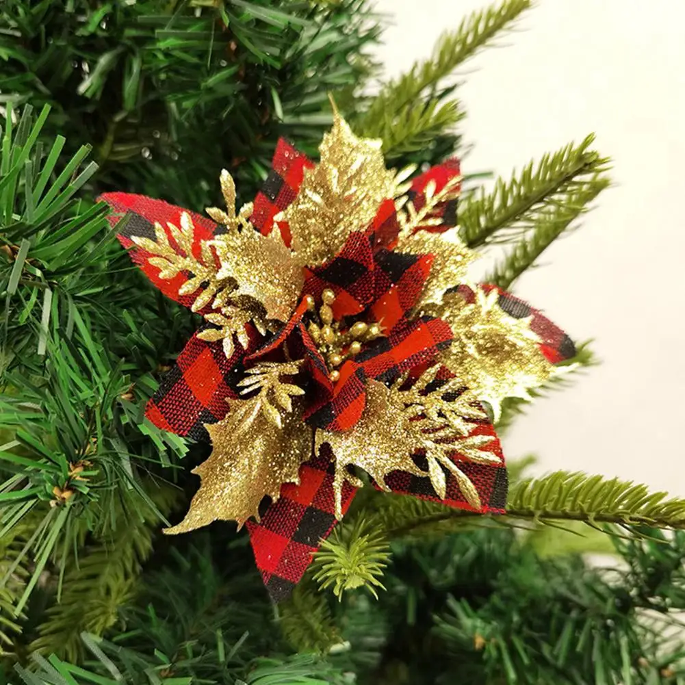 Durable Christmas Tree Flower Plaid Pattern Christmas Fake Flower Charming Plaid Patchwork Christmas Flower for Tree for Parties