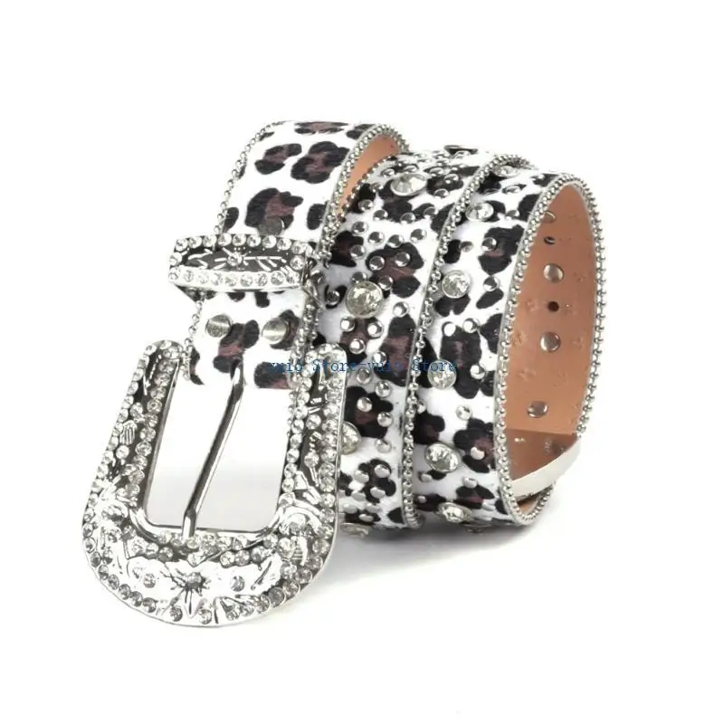 

X7XB PU Belt with Shinning Adjust Pin Buckle Woman Leopard Print Waist Belts Girls Rhinestones Belt for Jeans Coat Skirt