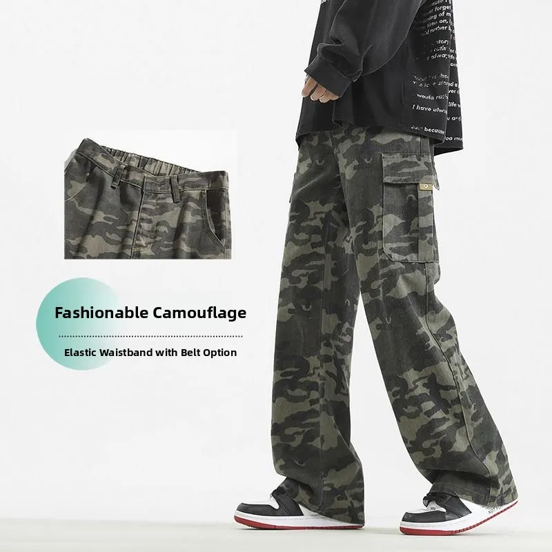 

Casual Camouflage Workwear Jeans Men's Loose Straight Leg Trendy Loose Elastic Waist Belted Spring Cotton Denim Jeans